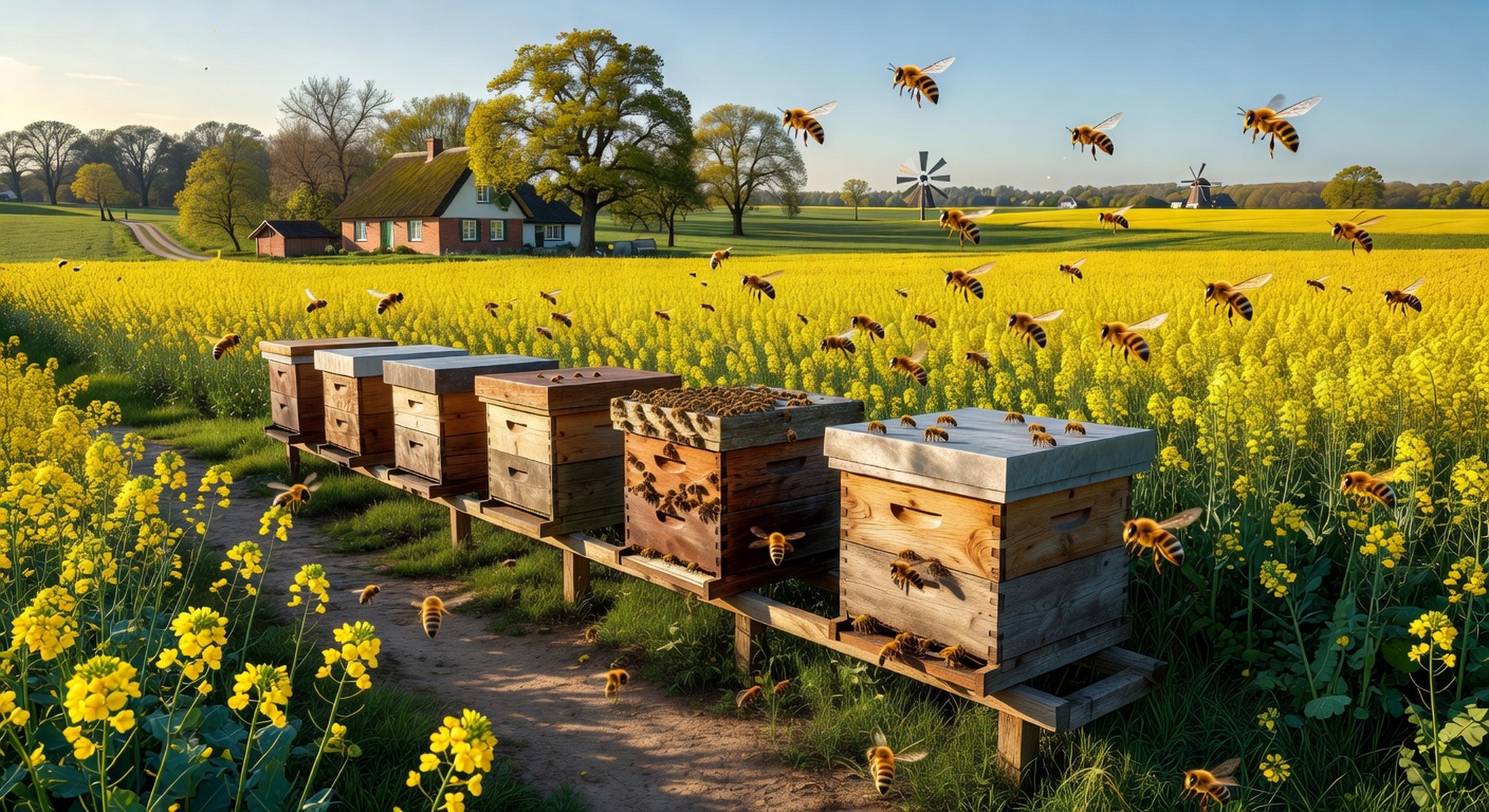 Bienenstöcke am Rande eines blühenden Rapsfeldes – Wanderimkerei im Frühjahr