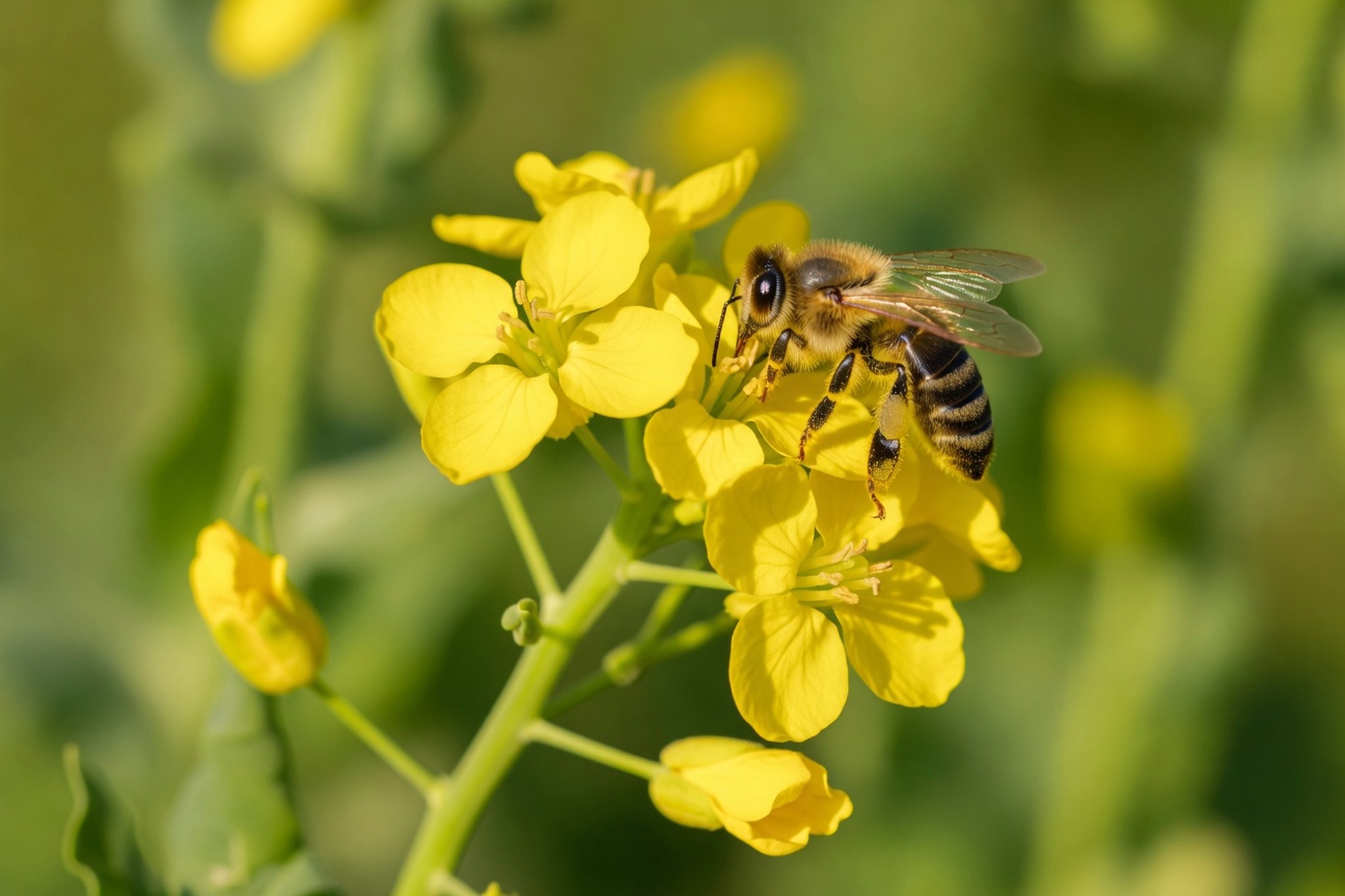 Honigbiene sammelt Nektar an leuchtend gelber Rapsblüte – Makroaufnahme