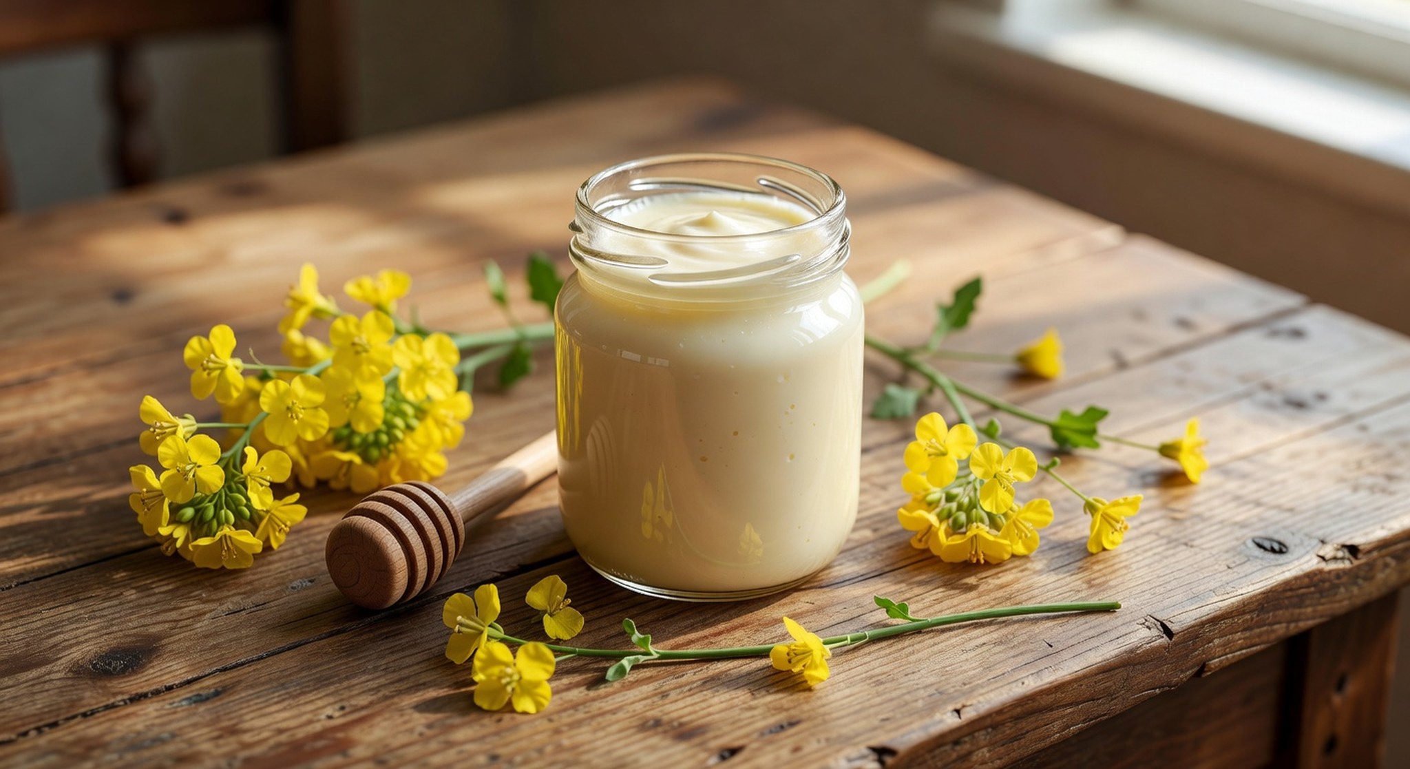 Cremiger weißer Rapshonig im Glas mit Honiglöffel und gelben Rapsblüten