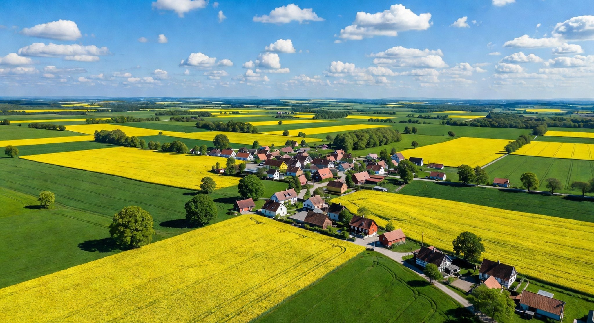 Luftaufnahme von Rapsfeldern in der norddeutschen Tiefebene mit Dorf im Hintergrund