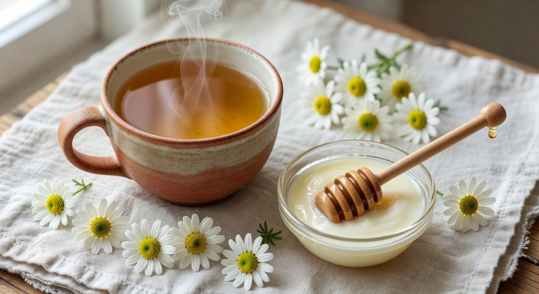 Tasse warmer Tee mit Rapshonig und Kräutern – traditionelles Hausmittel