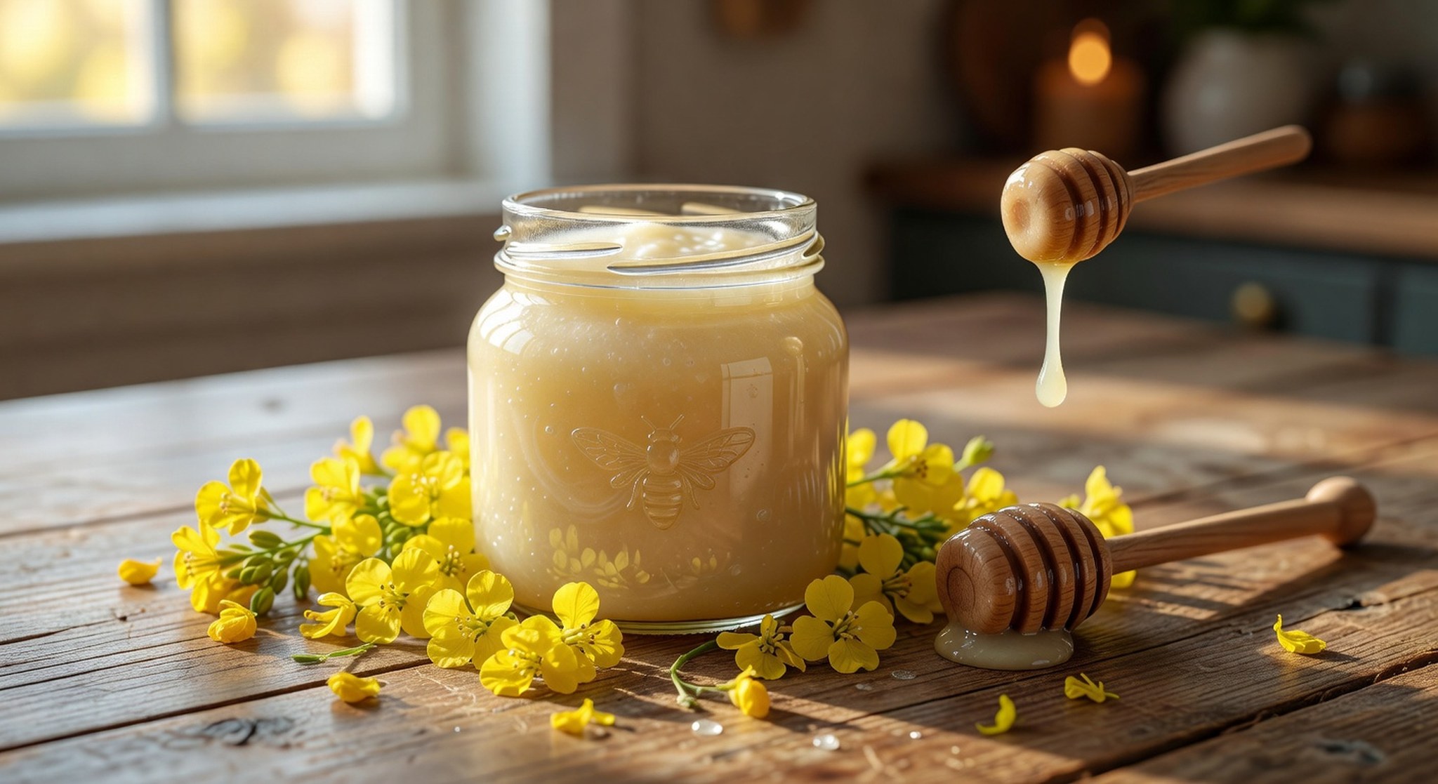 Cremiger Rapshonig im Glas mit gelben Rapsblüten – Deutschlands beliebtester Honig