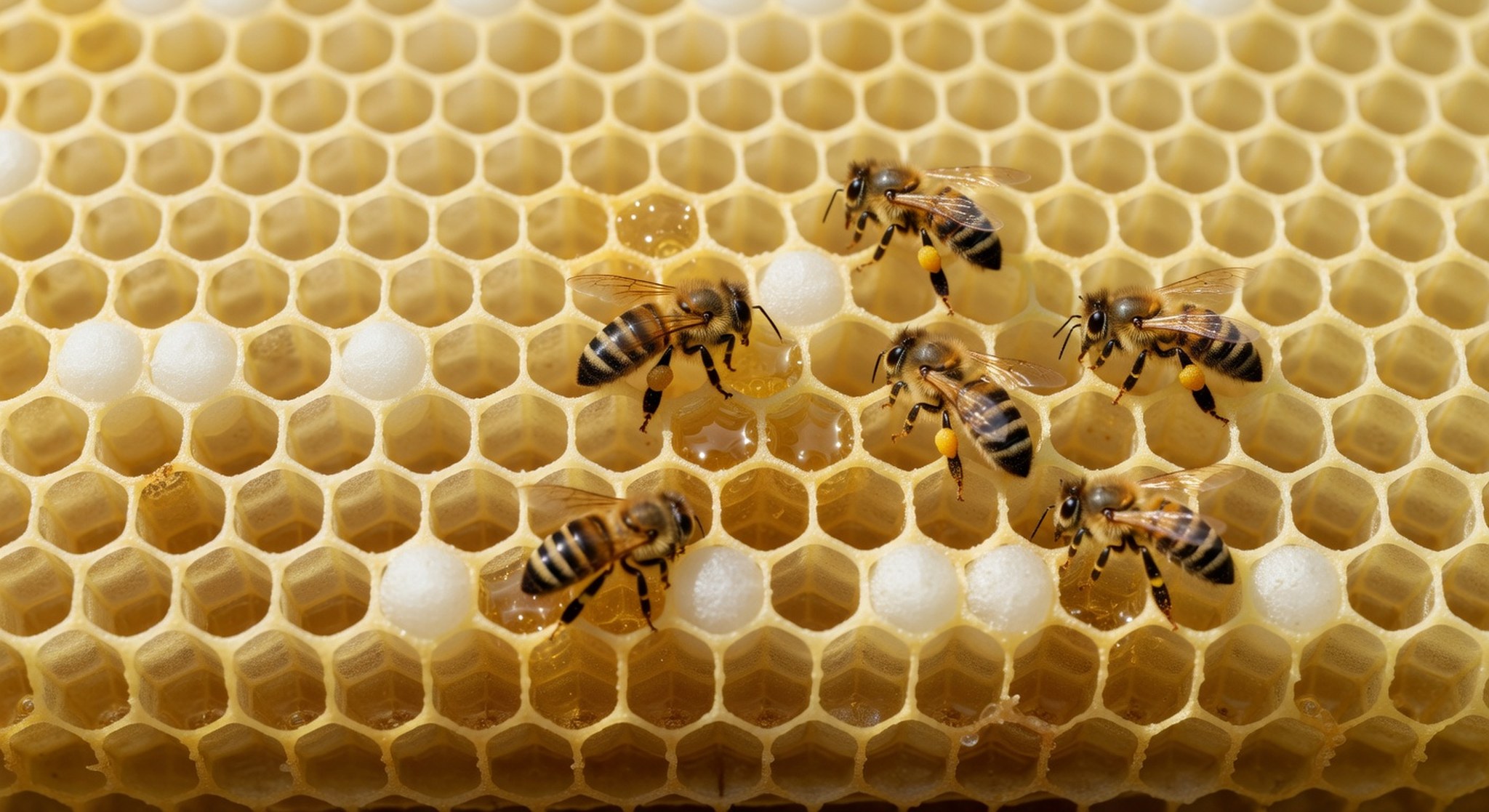 Honigwabe mit verdeckelten Zellen und Bienen – Enzyme werden beim Reifen gebildet