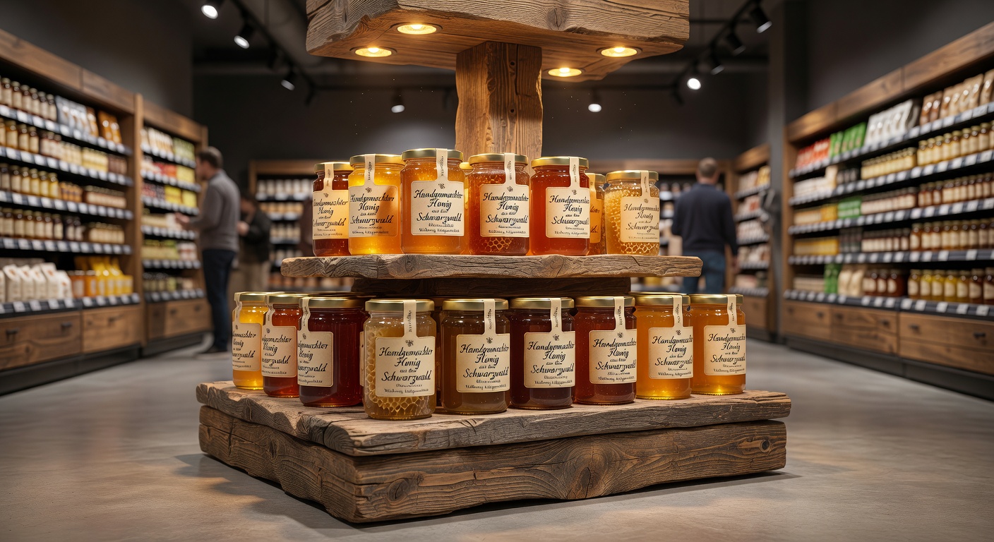 Honig Verkaufsdisplay Holz Imkerei Braun im Supermarkt